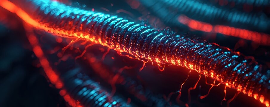 A vibrant, abstract representation of glowing red and blue strands, evoking a sense of energy and movement in a technological landscape.