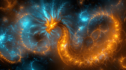 Poster - Computer generated image of a surreal yellow and blue fire bird surrounded by glowing tulips