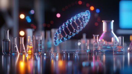 Poster - Exploring scientific innovation dna structure visualization in a modern laboratory setting digital 3d art high-tech environment macro view
