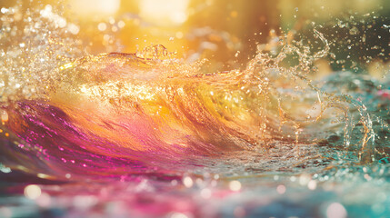 Poster - Breaking wave in ocean water creating foam and splashes under bright sunlight