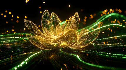 Poster - Green and gold flower with lights in background creating a surreal abstract vision