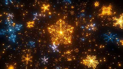 Poster - Abstract artistic rendering of snowflakes illuminated in darkness creating a unique pattern and design
