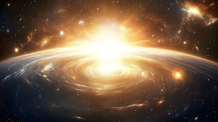 Poster - spiral galaxy with bright light and numerous stars in a cosmic abstract depiction