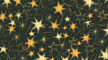 seamless pattern of golden stars with sleek celestial motifs on dark background, creating contempora