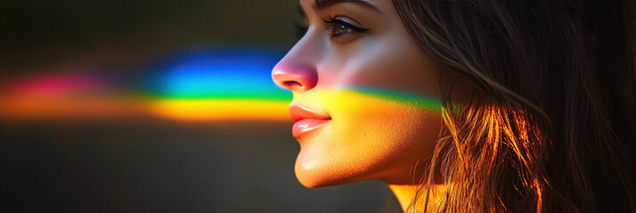 Poster - woman profile is illuminated with vibrant rainbow colors radiant and eye catching