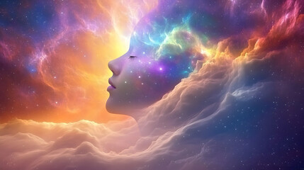 Poster - A womans face emerging from colorful clouds in an abstract cosmic landscape with a vibrant nebula background