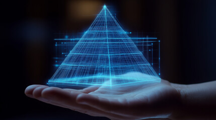Leinwandbilder - Businessman holding glowing hologram pyramid in augmented reality experience