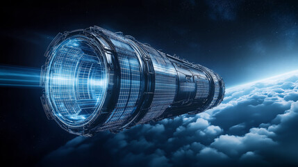 Aufkleber - Futuristic spaceship flying over planet with clouds and stars