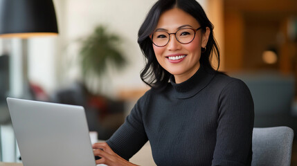 Leinwandbilder - Smiling asian businesswoman working on laptop in modern office