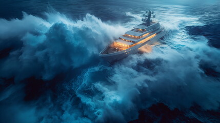 Wall Mural - A modern cruiser in a storm huge waves crash onto _010