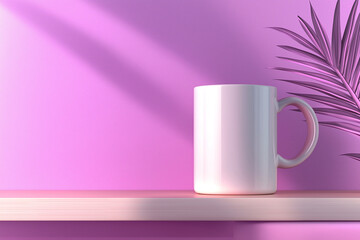 Aufkleber - White mug standing on wooden shelf with pink wall and palm leaf