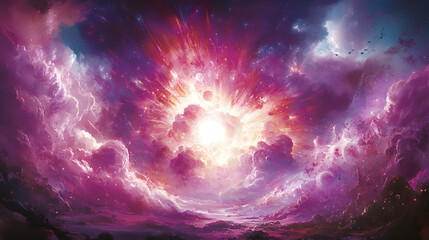 Wall Mural - painting of a purple nebula with bright light emanating from the center in an abstract style