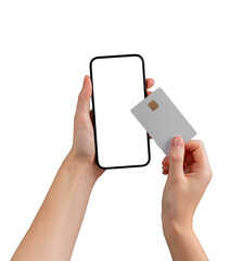 Poster - Female hand holding a blank smartphone, ideal for showcasing payment methods, mobile apps, and financial services. promoting banking, shopping, and cashback offers. Isolated on white background.