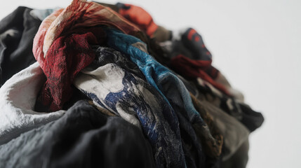 close up of a pile of old discarded clothes highlighting fabric texture and color variety
