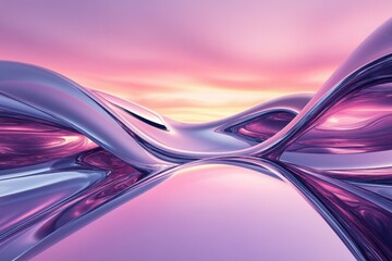 Fototapete - Abstract 3D rendering of flowing metallic forms in purple and pink hues, resembling a landscape under a sunset.
