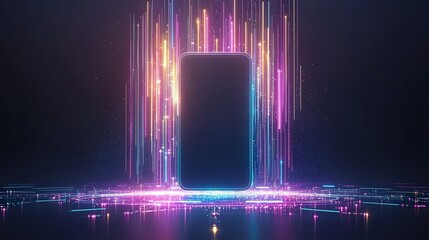 Poster - A glowing smartphone surrounded by vibrant, colorful light streaks creates a futuristic, digital atmosphere.