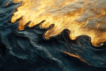 Aufkleber - Abstract art depicting a dark, textured surface with golden, flowing patterns resembling molten metal or lava.