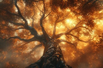 Poster - Majestic ancient tree, bathed in golden sunlight, its branches reaching towards the sky, creating a mystical atmosphere.