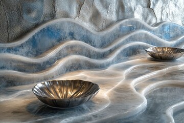 Aufkleber - Sculptural wave-like surface with two metallic bowls, evoking serenity and modern design.
