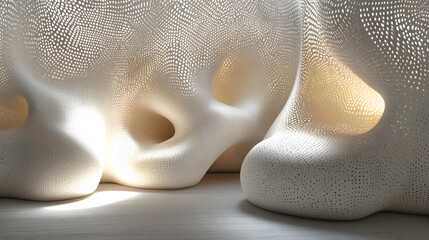 Poster - White abstract sculpture illuminated by light with tulips in the foreground creating a serene artistic composition