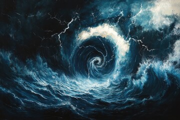 Poster - A swirling vortex of ocean waves during a violent storm, with lightning illuminating the dark sky.