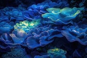 Aufkleber - Vibrant blue and green coral reef underwater, showcasing intricate details and textures of the coral formations.