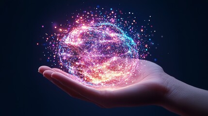 Poster - A hand holds a glowing, colorful orb filled with sparkling lights against a dark background, symbolizing magic and innovation.