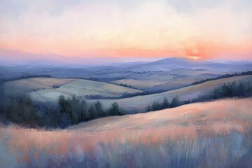 Aufkleber - Serene sunset over rolling hills and fields, painting a tranquil landscape.