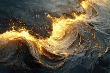 Poster - Golden lava flows through dark, swirling rock, creating a mesmerizing abstract landscape.