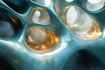 Aufkleber - Abstract 3D render of a teal and gold metallic structure with smooth, organic shapes and glowing inner cavities.