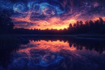 Poster - A surreal sunset over a calm lake, reflected in the water, with a vibrant, swirling, nebula-like sky.