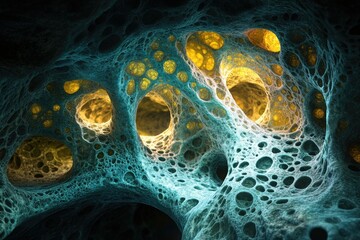 Aufkleber - Abstract image depicting a porous, cavernous structure with teal and gold hues, resembling a microscopic view or alien landscape.