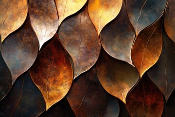 Aufkleber - Intricate overlapping metallic leaves in warm, earthy tones create a luxurious, textured background.