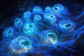 Wall Mural - Glowing blue formations resemble bioluminescent deep-sea organisms or an alien landscape.