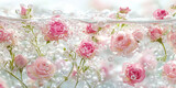 Pink roses underwater with bubbles and a soft, ethereal light effect.