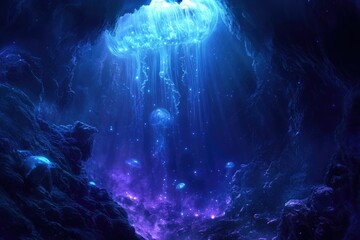 Poster - Bioluminescent jellyfish illuminate a deep underwater cave, creating a magical, ethereal scene.