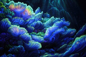 Poster - Luminous underwater coral reef, vibrant blues and greens glowing with bioluminescence, creating a magical scene.