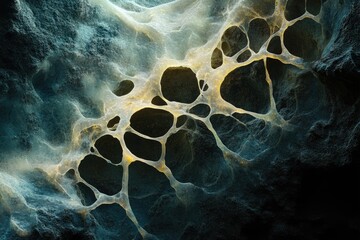 Fototapete - Intricate network of glowing veins traversing a dark, textured surface, resembling a biological structure or abstract art.