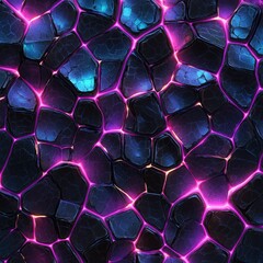 Poster - Abstract image of dark, glowing, polygonal stone pattern with vibrant purple and blue energy.