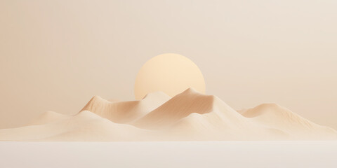 Poster - Minimalist desert landscape with dunes and a spherical sun in soft, pastel hues for a calming, abstract nature scene. Serene simplicity.