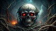 © ทองขาร พอใจ - Dark mystical skull with glowing red eyes in a dark background, surrounded by twisted vines and eerie mist, Eerie, Ominous