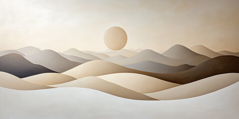 Aufkleber - Abstract landscape of rolling hills and sky. The monochromatic art creates a serene sense of space with the sun over the hills.