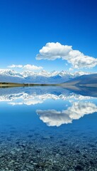 Wall Mural - Serene landscape of a tranquil lake and majestic mountains beneath a bright blue sky