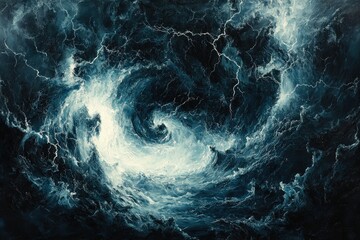 Poster - A swirling vortex of dark ocean waves and lightning, a dramatic and powerful depiction of nature's fury.