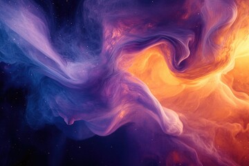 Poster - Abstract cosmic art depicting swirling nebulae in vibrant purple, orange, and blue hues, resembling celestial clouds.
