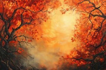 Aufkleber - Autumnal landscape painting depicting vibrant orange and red leaves on bare branches against a warm, hazy sky.