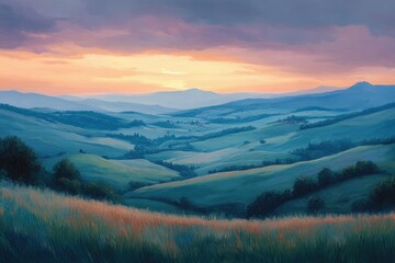 Aufkleber - Serene sunset over rolling hills, painting a picturesque landscape of Tuscany's beauty.