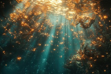 Poster - Sunbeams illuminate a magical underwater scene with glowing golden kelp forests and sparkling particles.