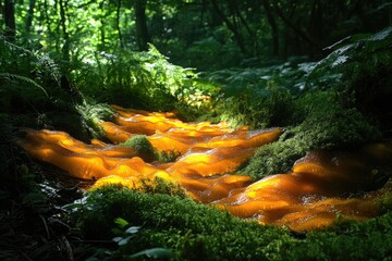 Poster - Vibrant orange fungi cascade over lush green moss in a sun-dappled forest.