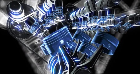 Fototapete - 3D Animation of Car Hood Opening to Show V8 Pistons in Action. Industry And Technology Related 3D Animation.